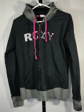 VTG Roxy Hoodie Womens Large Black  Zip Up Skater Surf Sweatshirt Sweater Y2K
